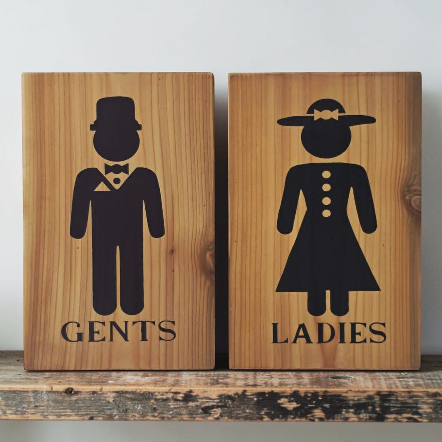 Victorian ladies sign
Victorian gents sign
Hand-painted bathroom sign
Reclaimed wall decor
Elegant restroom sign set