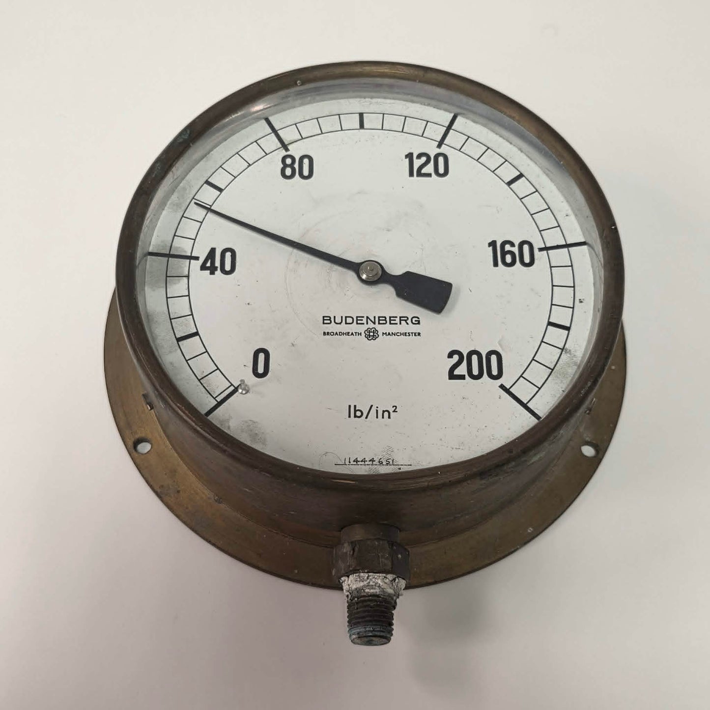 Large antique Budenberg brass pressure gauge from Broadheath, Manchester.
