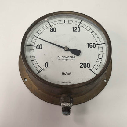 Large antique Budenberg brass pressure gauge from Broadheath, Manchester.
