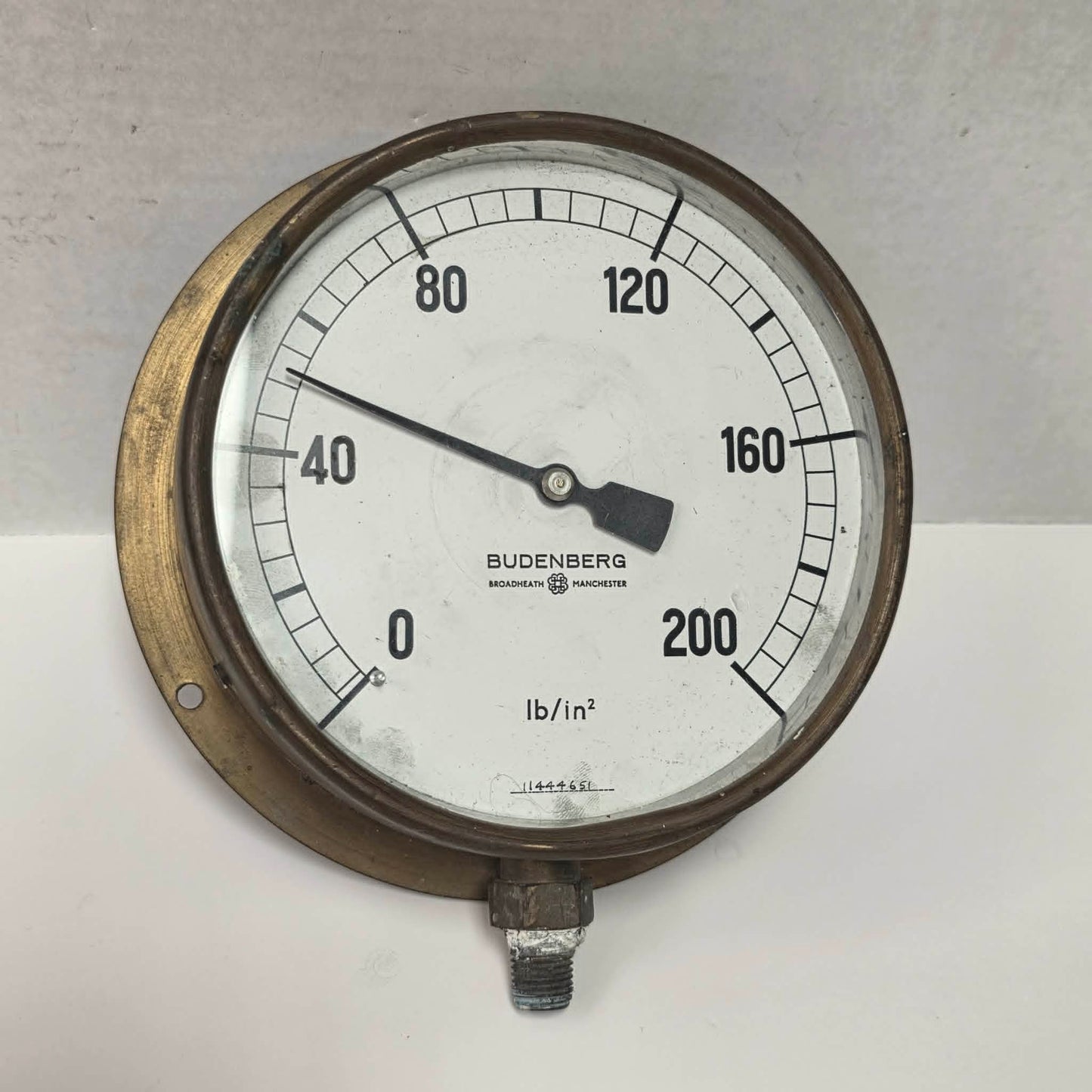 Large antique Budenberg brass pressure gauge from Broadheath, Manchester.

