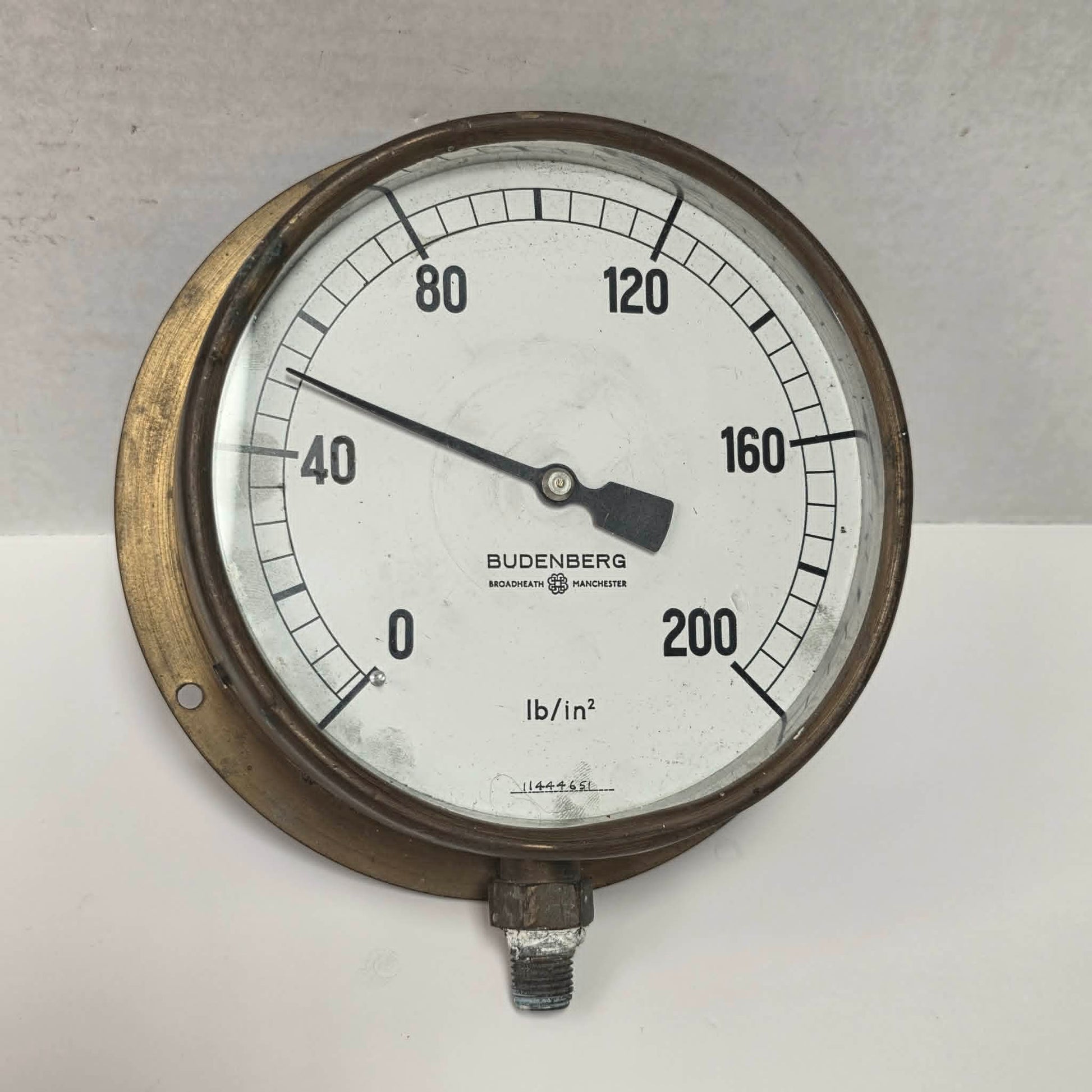 Large antique Budenberg brass pressure gauge from Broadheath, Manchester.
