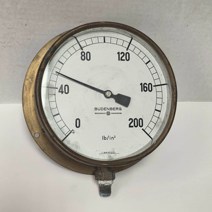 Large antique Budenberg brass pressure gauge from Broadheath, Manchester.

