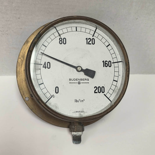 Large antique Budenberg brass pressure gauge from Broadheath, Manchester.
