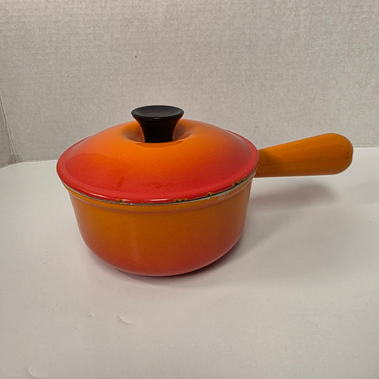 Vintage Le Creuset #14 Saucepan Flame Orange Cast Iron Pan with Hollow Handle
