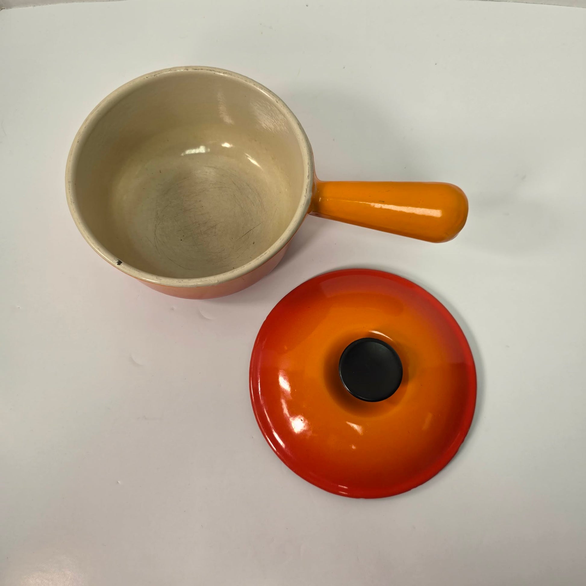 Vintage Le Creuset #14 Saucepan Flame Orange Cast Iron Pan with Hollow Handle