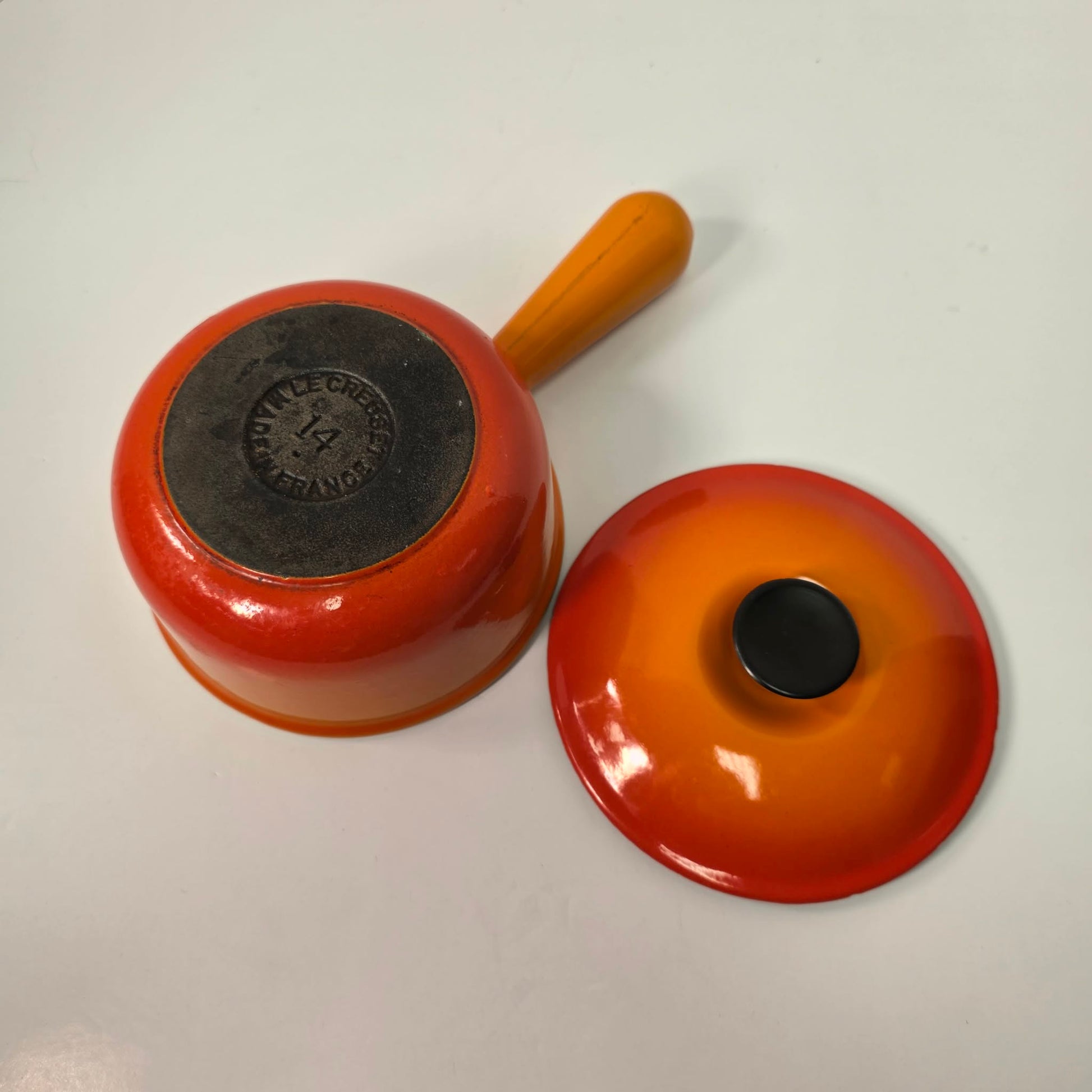 Vintage Le Creuset #14 Saucepan Flame Orange Cast Iron Pan with Hollow Handle