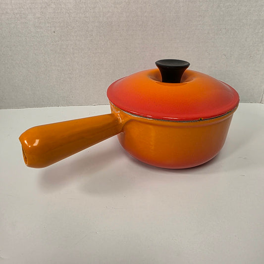 Vintage Le Creuset #14 Saucepan Flame Orange Cast Iron Pan with Hollow Handle