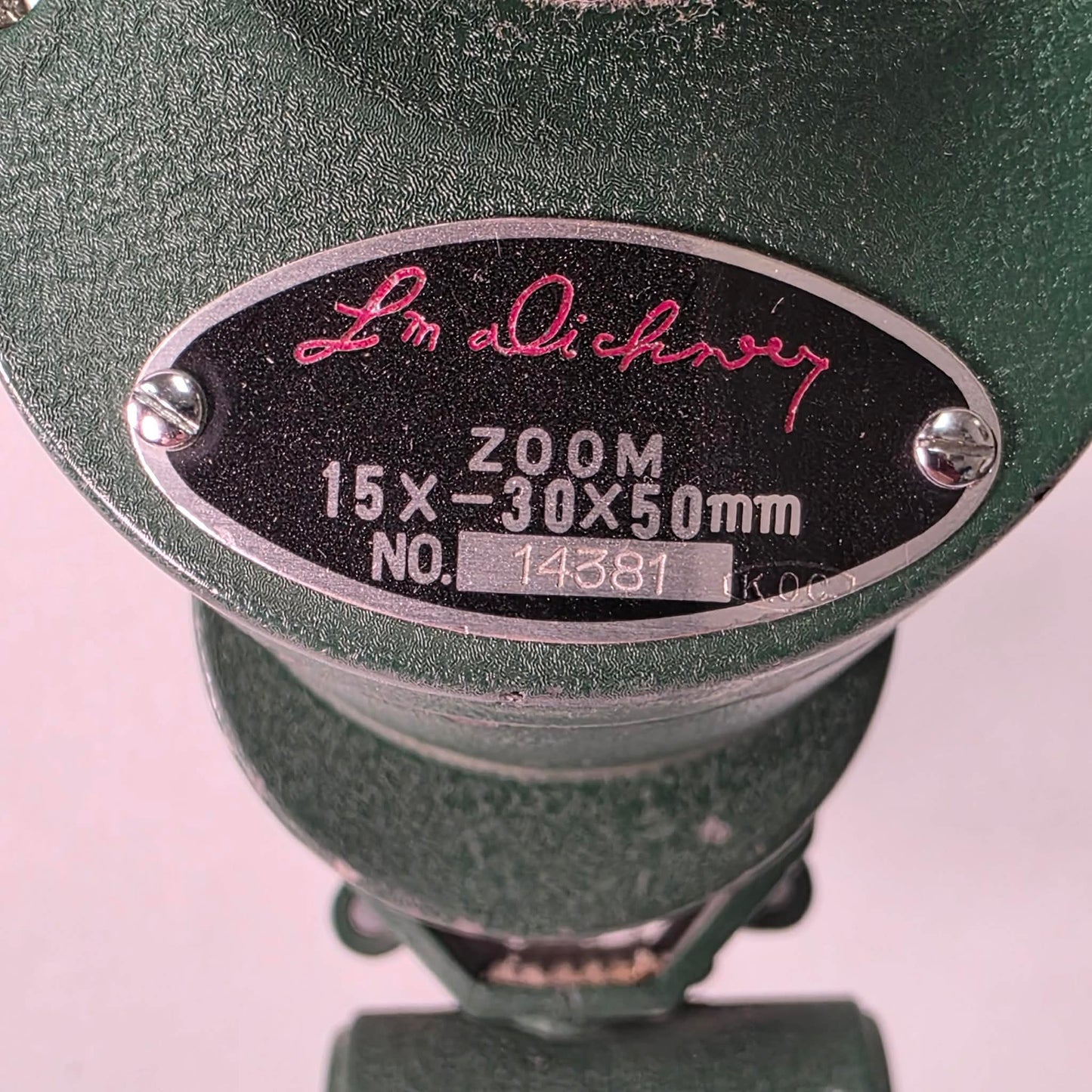Vintage L.M. Dickson spotting scope 15–30x50 with tripod, mid-century hunting optics in good usable condition, model 14381.
