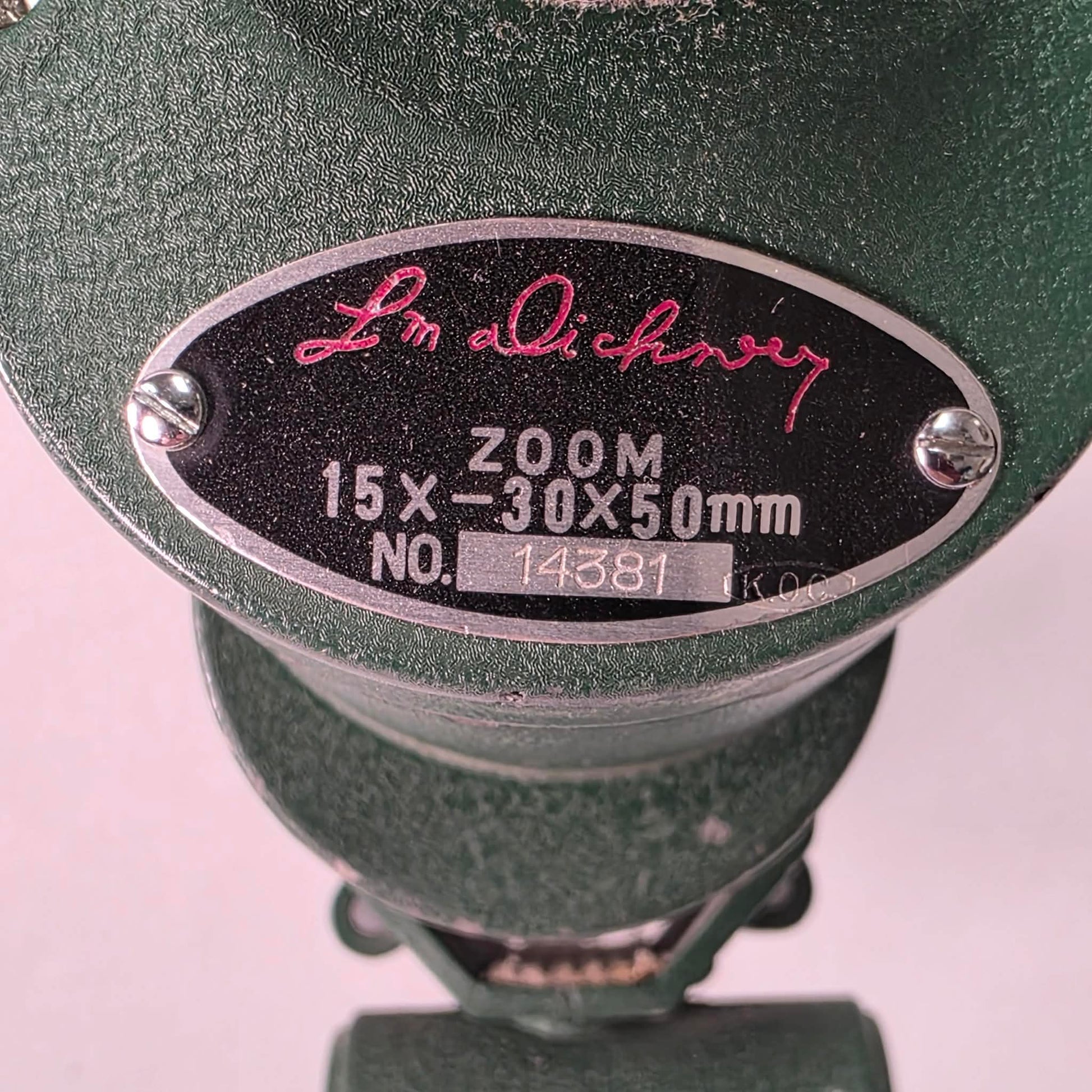 Vintage L.M. Dickson spotting scope 15–30x50 with tripod, mid-century hunting optics in good usable condition, model 14381.