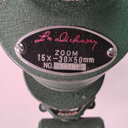 Vintage L.M. Dickson spotting scope 15–30x50 with tripod, mid-century hunting optics in good usable condition, model 14381.