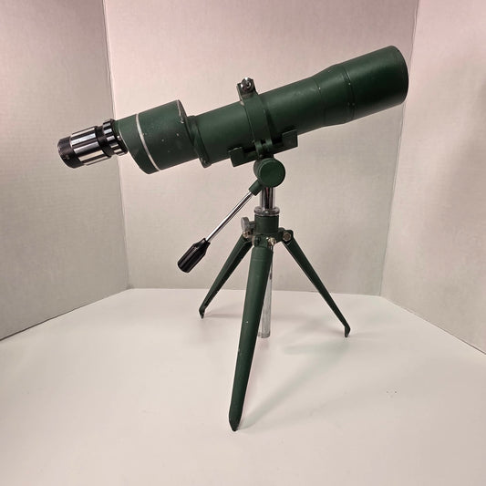 Vintage L.M. Dickson spotting scope 15–30x50 with tripod, mid-century hunting optics in good usable condition, model 14381.