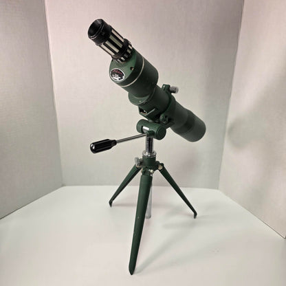 Vintage L.M. Dickson spotting scope 15–30x50 with tripod, mid-century hunting optics in good usable condition, model 14381.