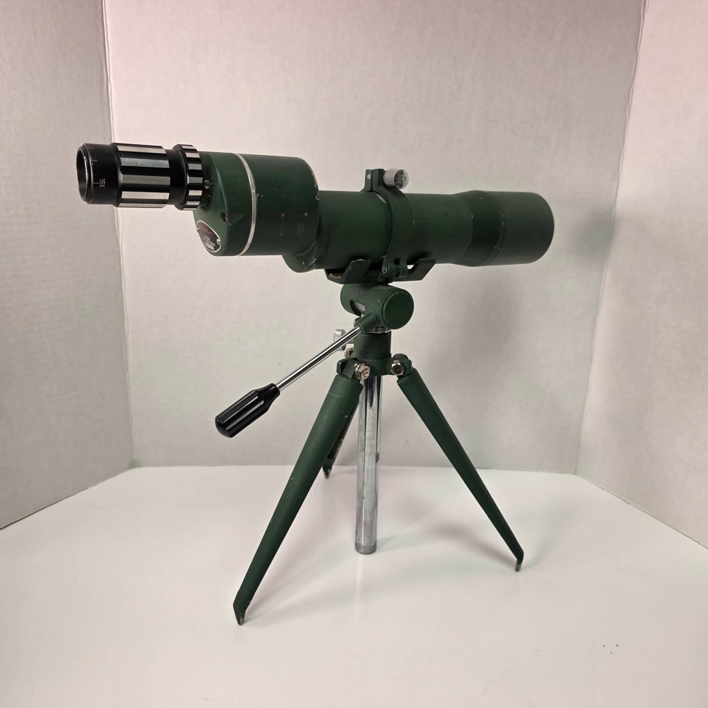 Vintage L.M. Dickson spotting scope 15–30x50 with tripod, mid-century hunting optics in good usable condition, model 14381.