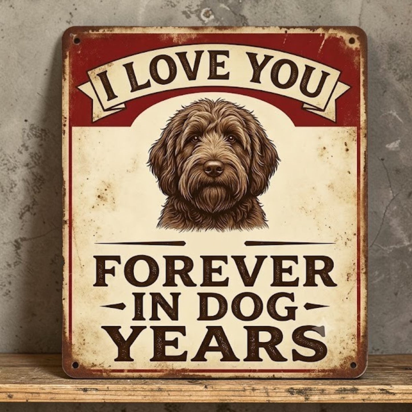 Handmade aluminum sign with cute dog and I Love You Forever in Dog Years quote.
