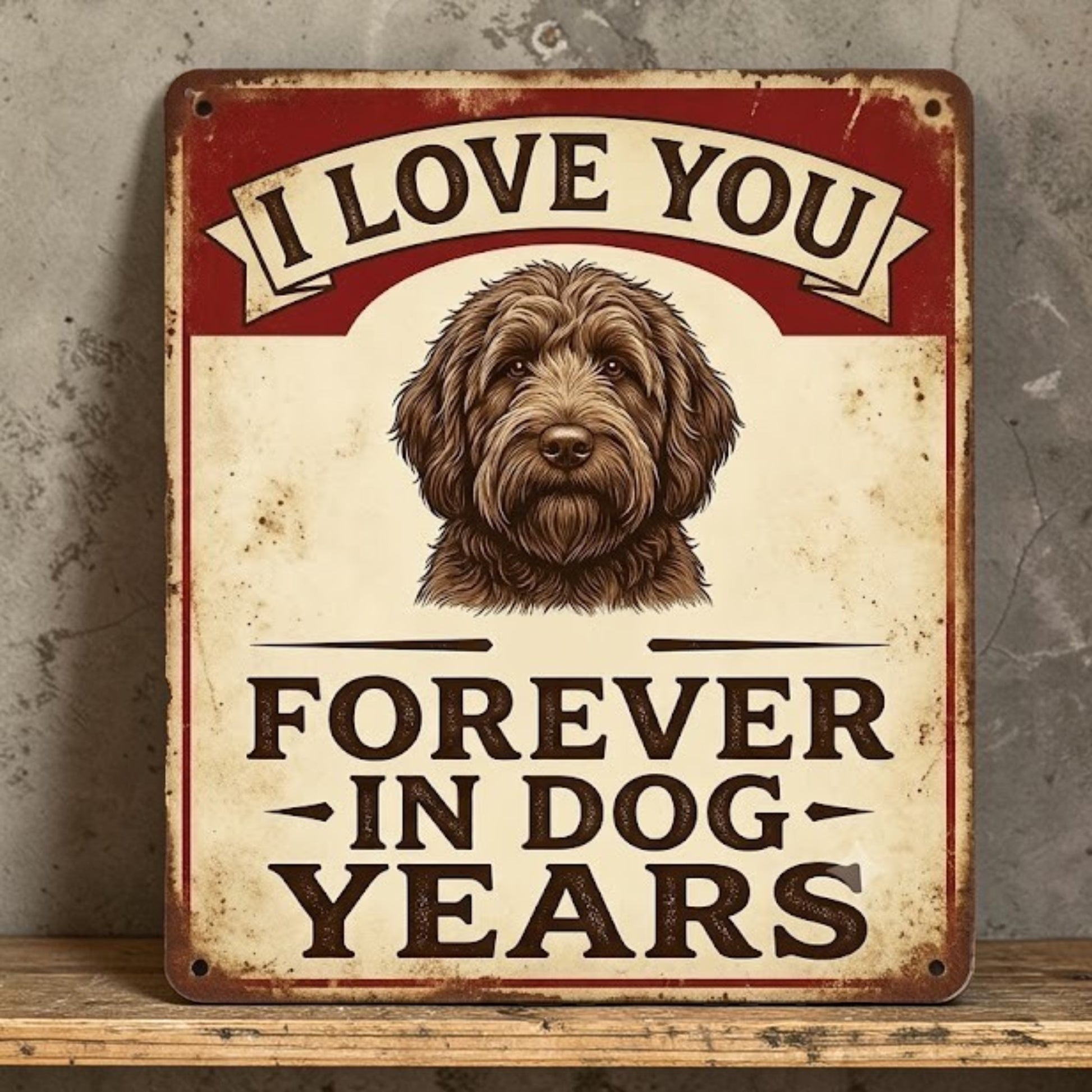 Handmade aluminum sign with cute dog and I Love You Forever in Dog Years quote.
