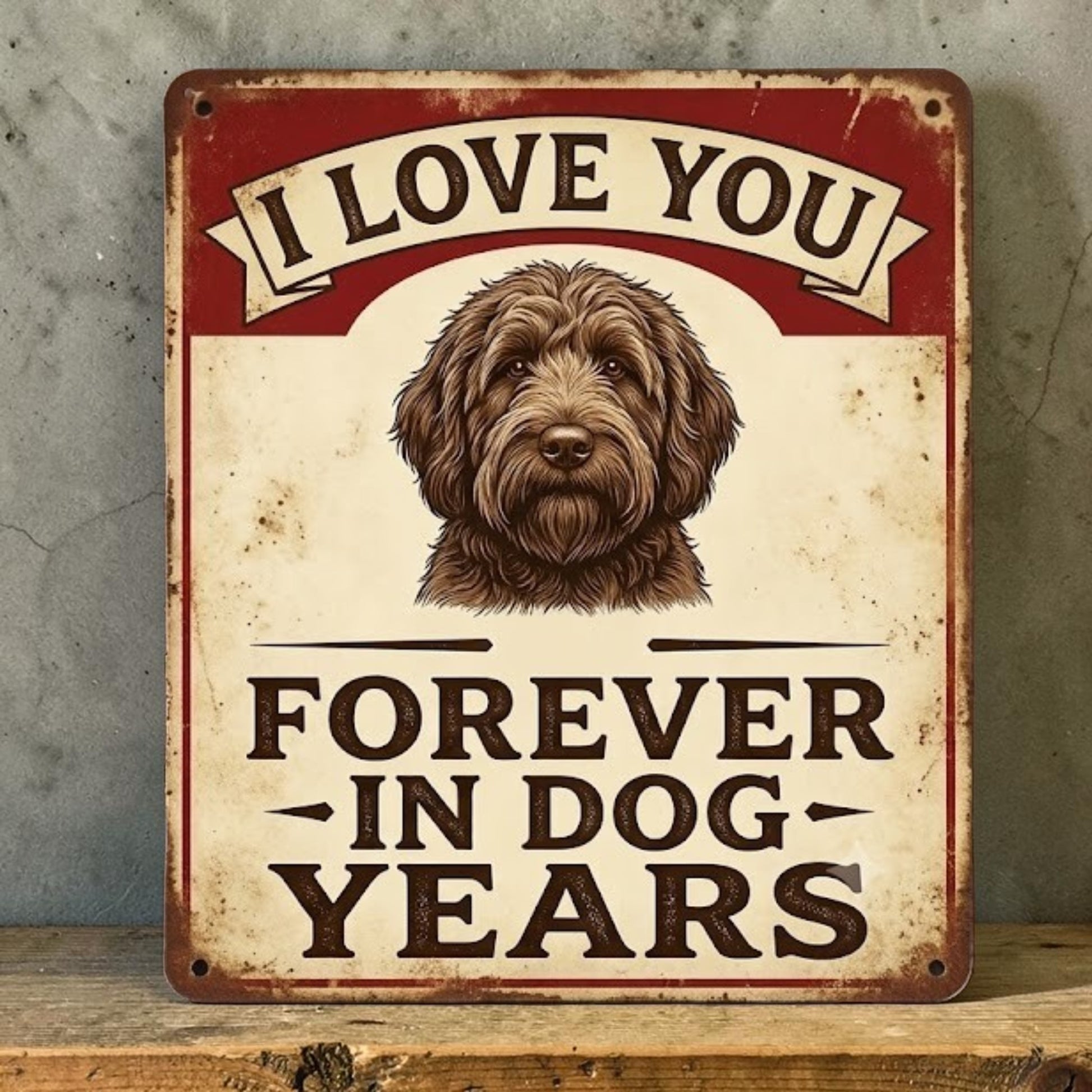 Handmade aluminum sign with cute dog and I Love You Forever in Dog Years quote.
