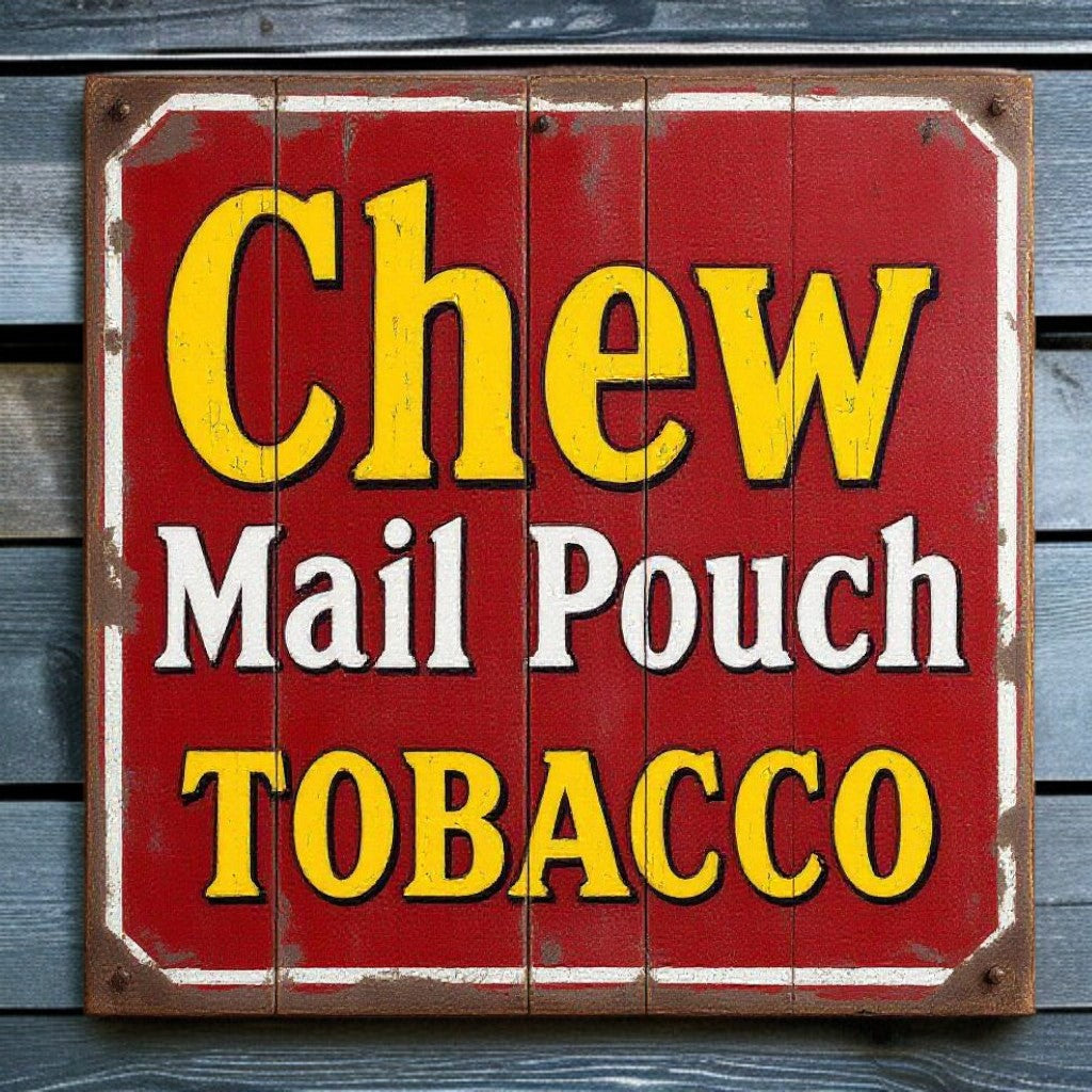 Vintage-style sign advertising 'Chew Mail Pouch Tobacco' on a wooden background.
