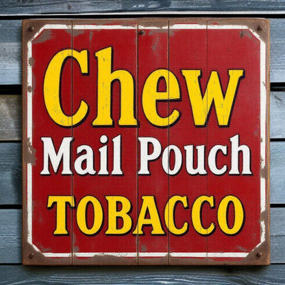 Vintage-style sign advertising 'Chew Mail Pouch Tobacco' on a wooden background.