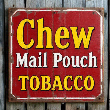 Vintage-style sign advertising 'Chew Mail Pouch Tobacco' on a wooden background.