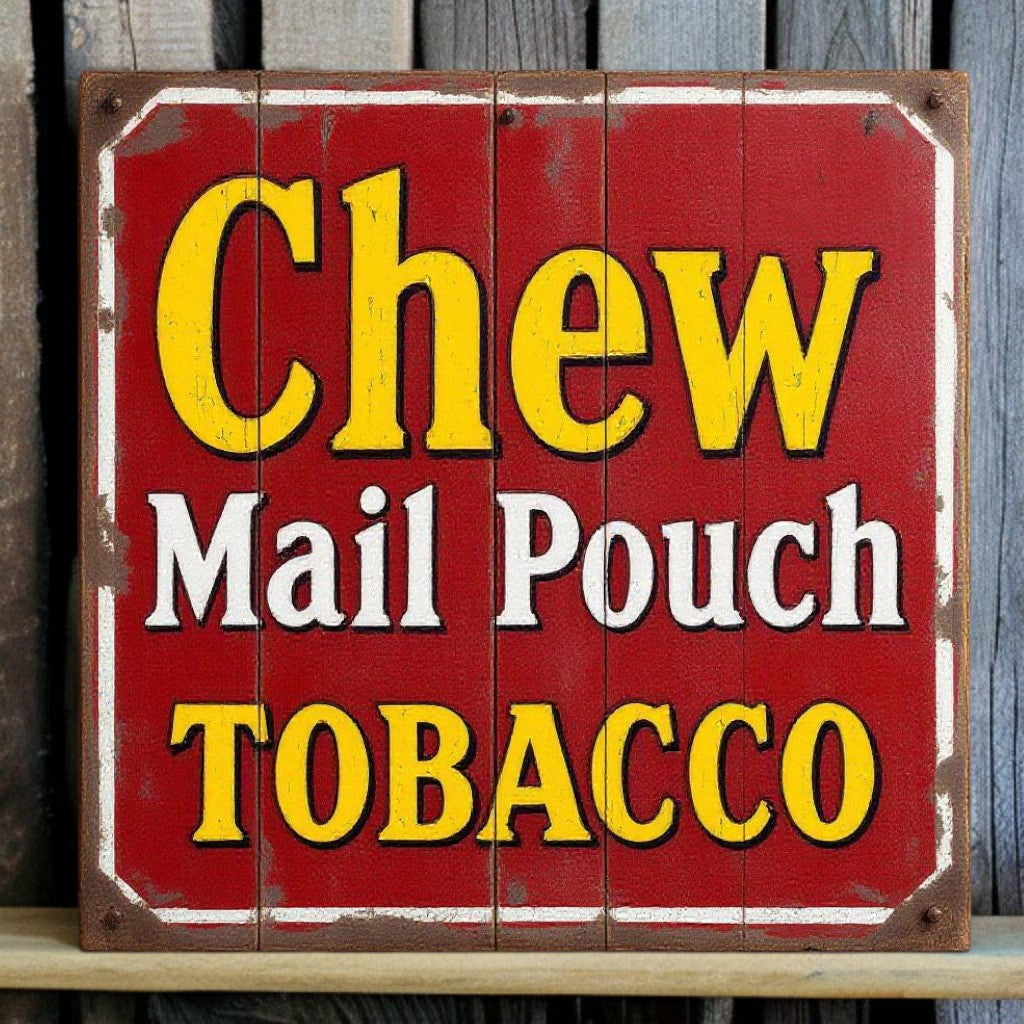 Vintage-style sign advertising 'Chew Mail Pouch Tobacco' with a rustic appearance.