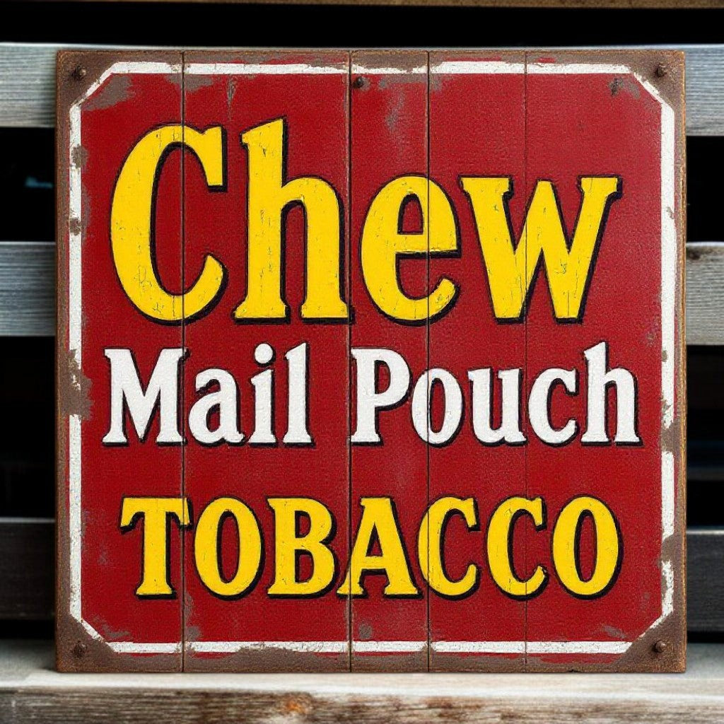 Vintage-style sign with 'Chew Mail Pouch Tobacco' text on a red background.