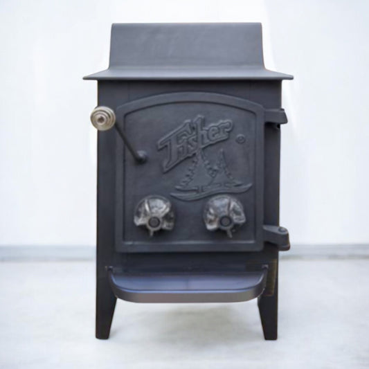 Black cast iron stove with 'Fisher' branding on a white background