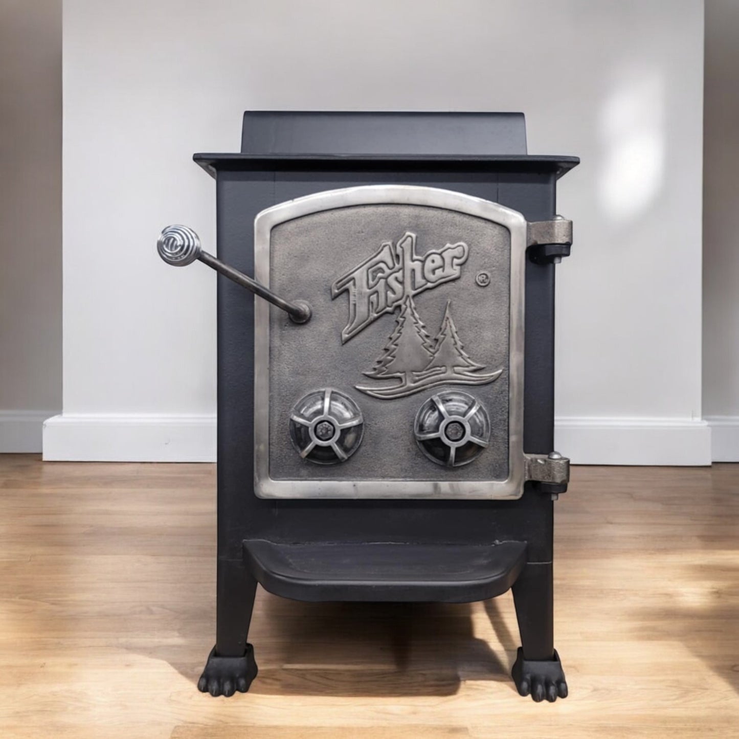 ( Reserved James ) Fisher Wood Stove Mama Bear With Cathedral Nickel Door