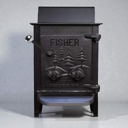 Black cast iron wood stove with 'Fisher' branding on a gray background