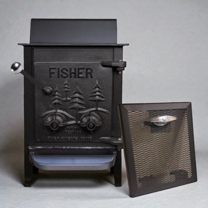 Black cast iron stove with 'Fisher' branding on a gray background