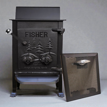 Black cast iron stove with 'Fisher' branding on a gray background