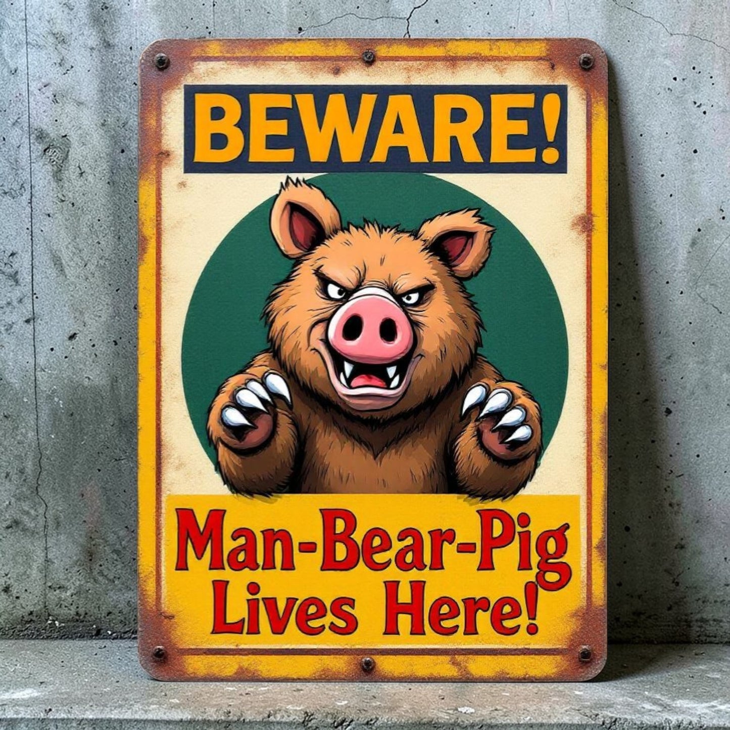 Metal sign with cartoon bear and text 'Beware! Man-Bear-Pig Lives Here!' against a concrete wall.