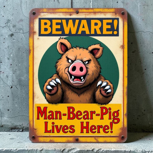 Vintage-style sign with cartoon bear and text 'Beware! Man-Bear-Pig Lives Here!' on a textured wall background.