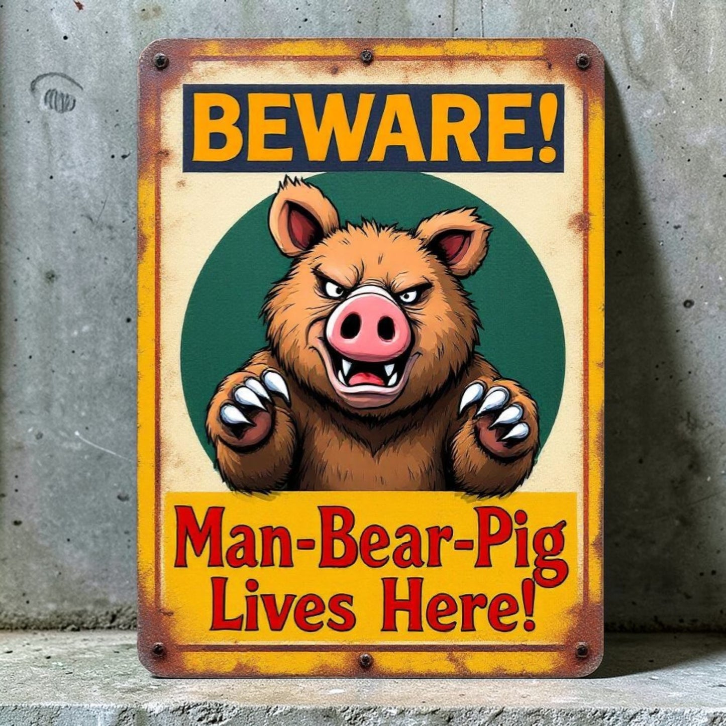 Metal sign with cartoon bear and text 'Beware! Man-Bear-Pig Lives Here!' on a concrete background