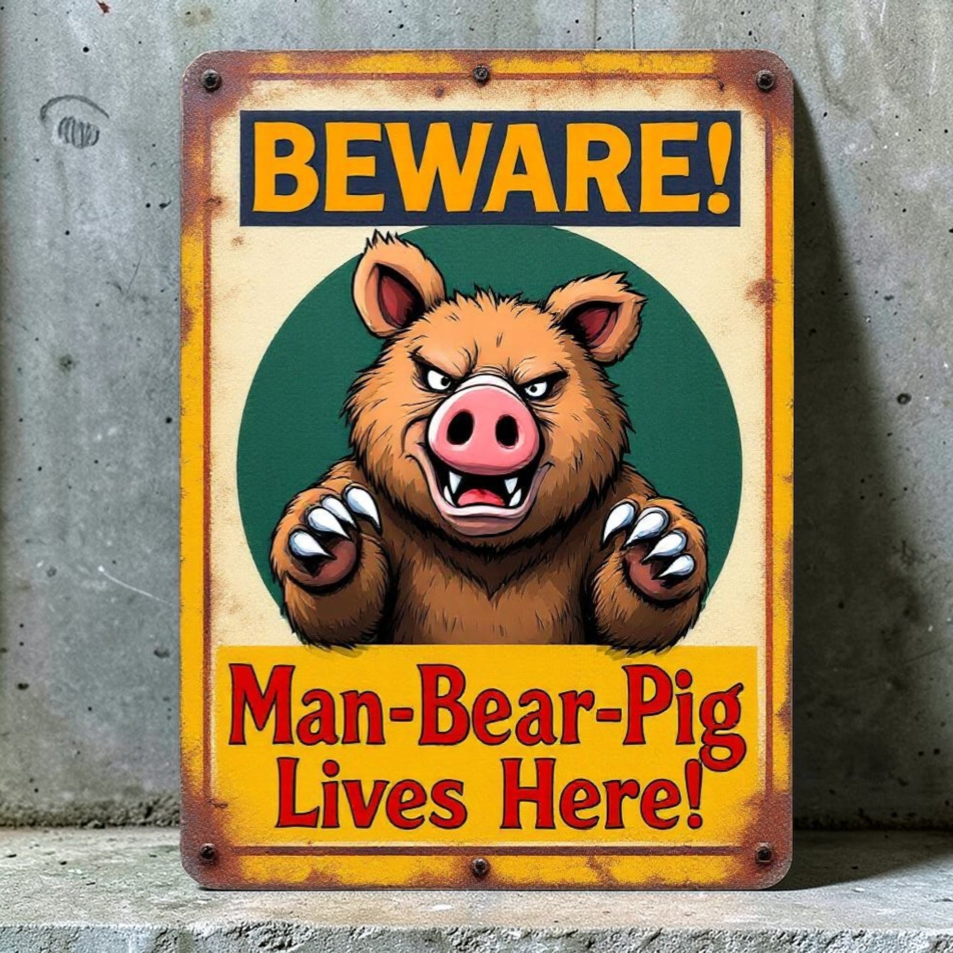 Metal sign with cartoon bear and text 'Beware! Man-Bear-Pig Lives Here!' on a concrete background