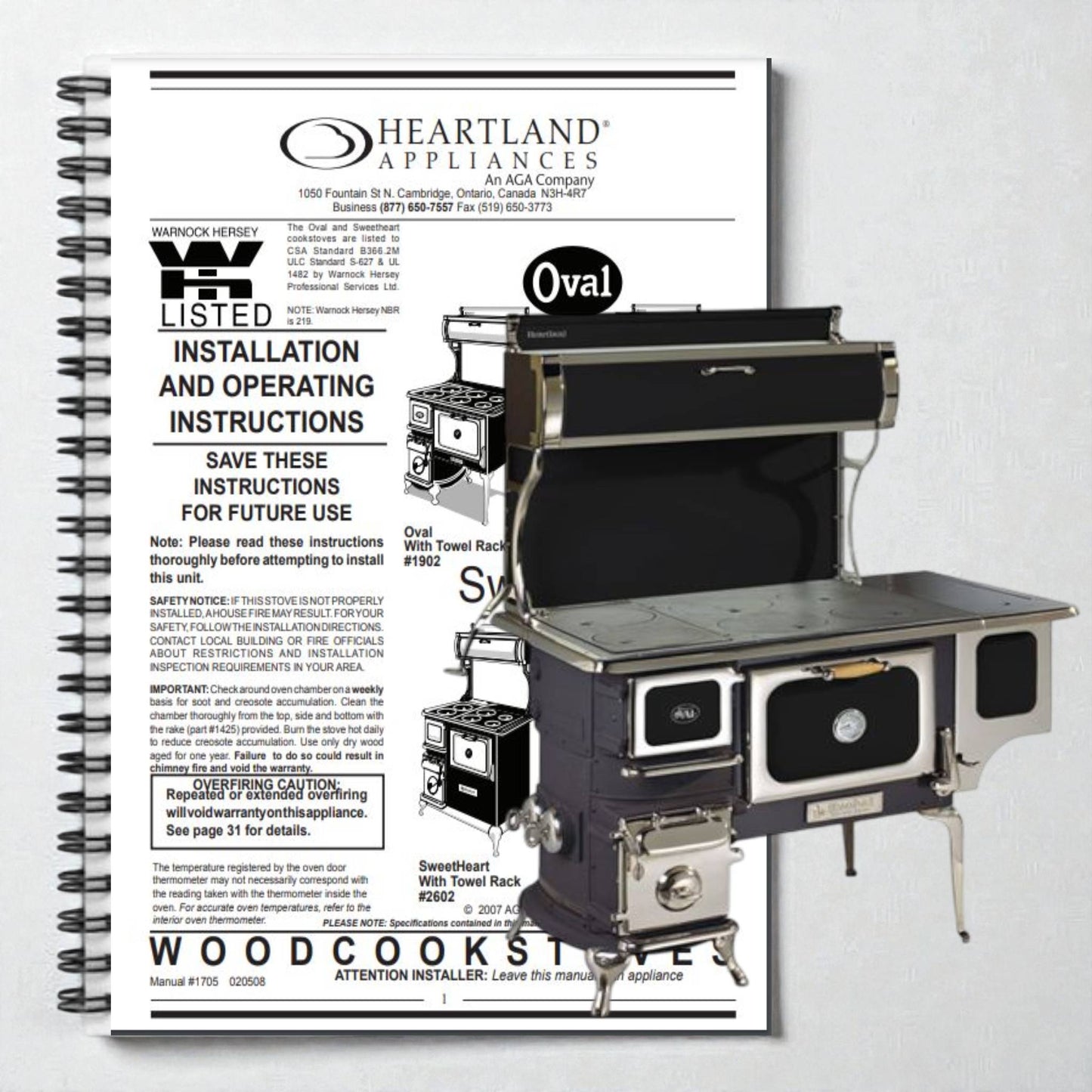 Wood cookstove with installation and operating instructions manual on a white background