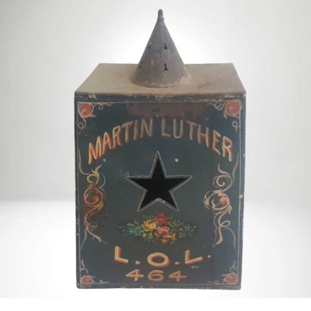 Primitive Pierced Tin Candle Box Masonic Lodge Martin Luther Loyal Orange Lodge - Wainfleet Trading Post