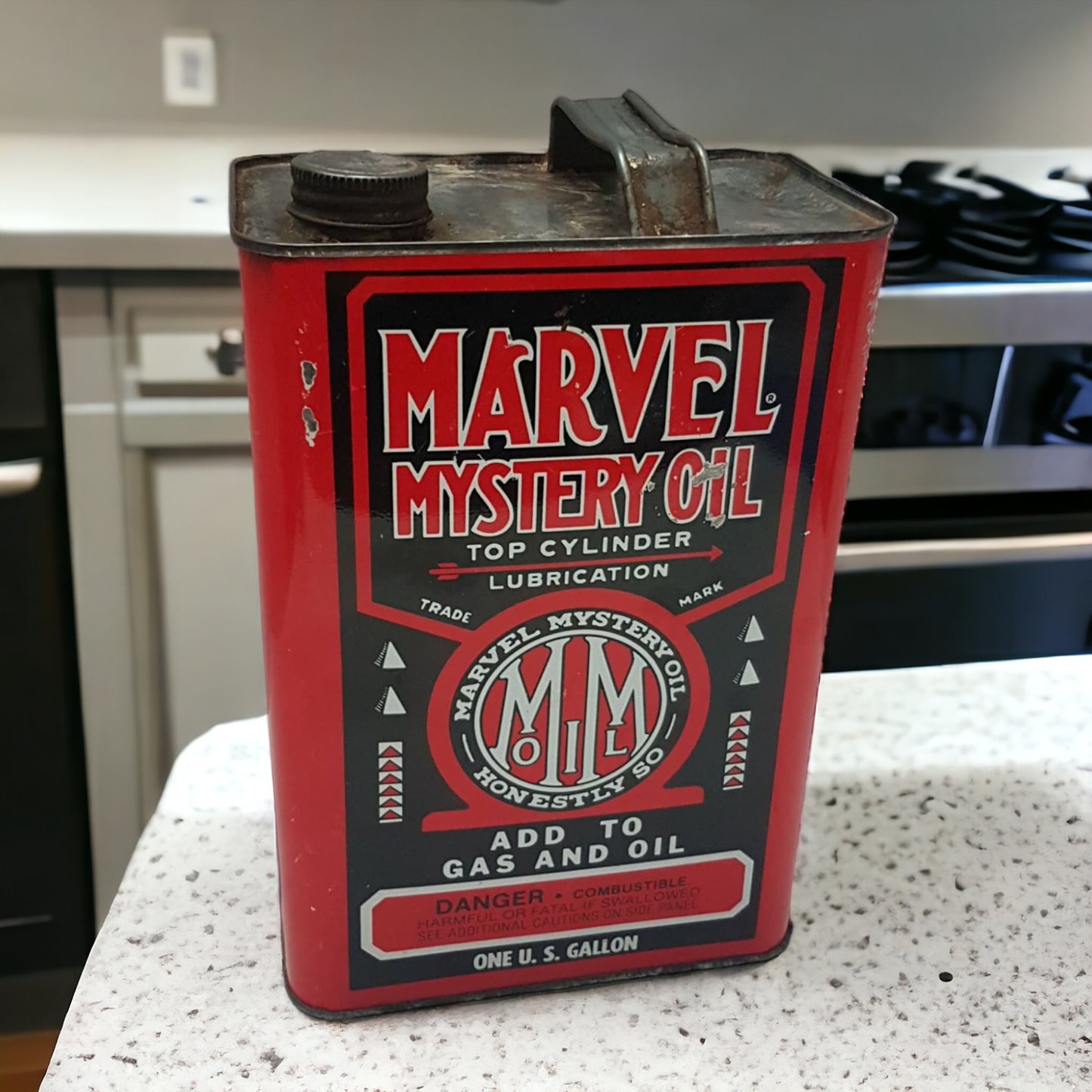 Antique Lithoographed Marvel Mystery Oil Can