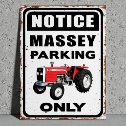 Metal sign with a red tractor and text 'Notice Massey Parking Only' on a gray background