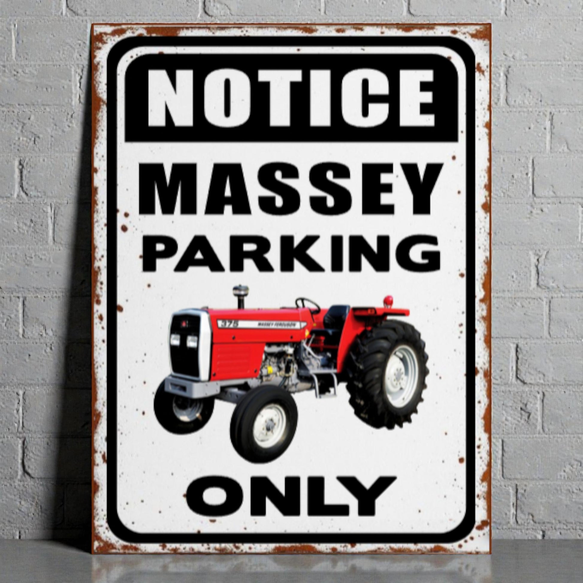Metal sign with a red tractor and text 'Notice Massey Parking Only' on a gray brick wall.