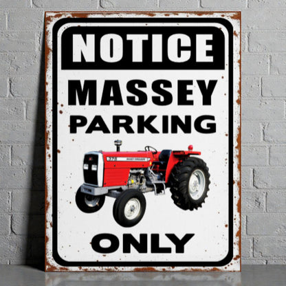 Metal sign with a red tractor and text 'Notice Massey Parking Only' on a gray brick wall.