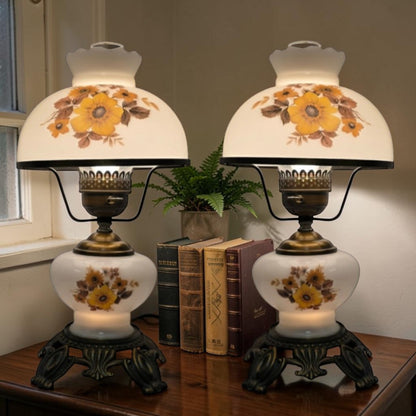 Pair of vintage Gone with the Wind lamps with floral glass and dual lighting.