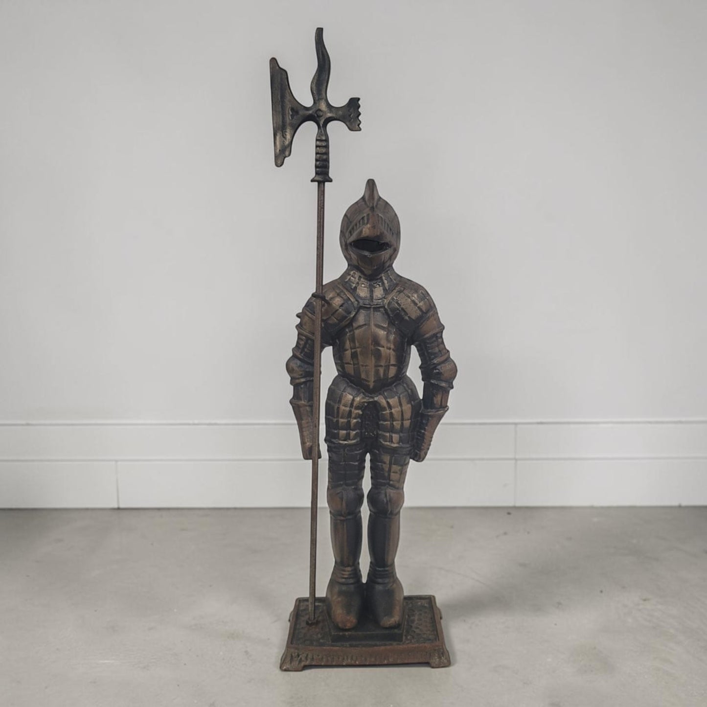 Large 30-inch medieval knight fireplace hearth statue with Arts and Crafts styling.
