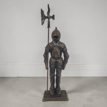 Large 30-inch medieval knight fireplace hearth statue with Arts and Crafts styling.
