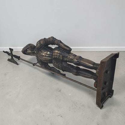 Large 30-inch medieval knight fireplace hearth statue with Arts and Crafts styling.
