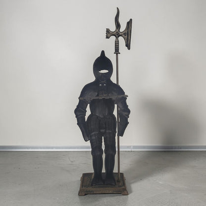 Large 30-inch medieval knight fireplace hearth statue with Arts and Crafts styling.
