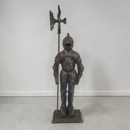 Large 30-inch medieval knight fireplace hearth statue with Arts and Crafts styling.
