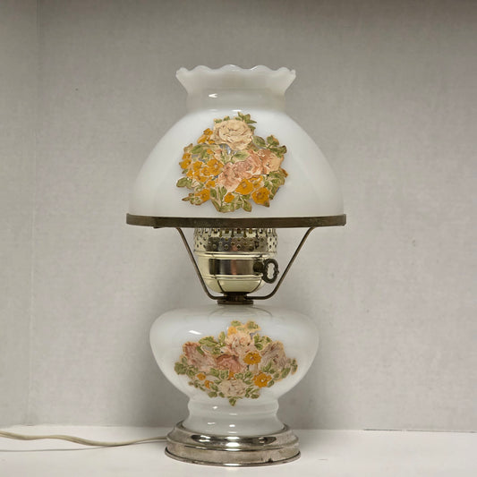 14 inch mid-century modern milk glass hurricane lamp with floral accents
