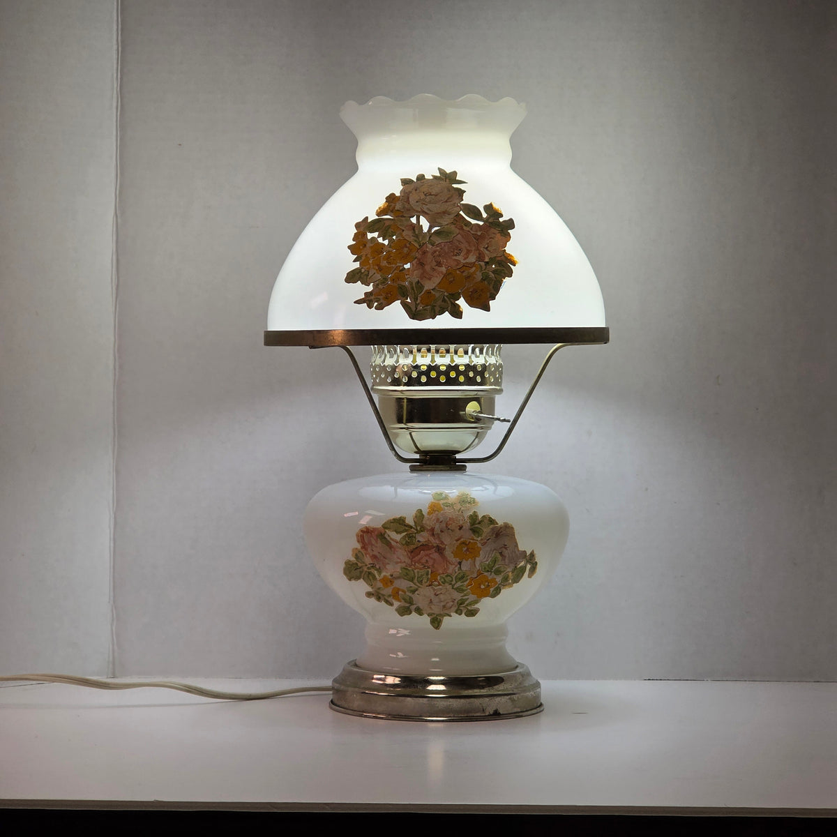 14 inch mid-century modern milk glass hurricane lamp with floral accents
