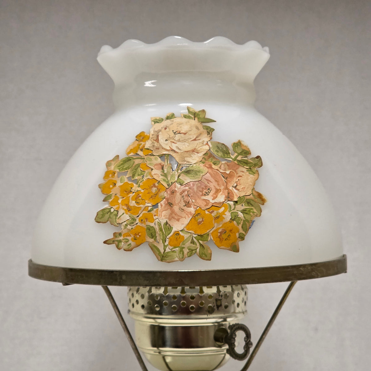 14 inch mid-century modern milk glass hurricane lamp with floral accents
