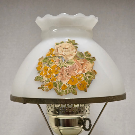 14 inch mid-century modern milk glass hurricane lamp with floral accents
